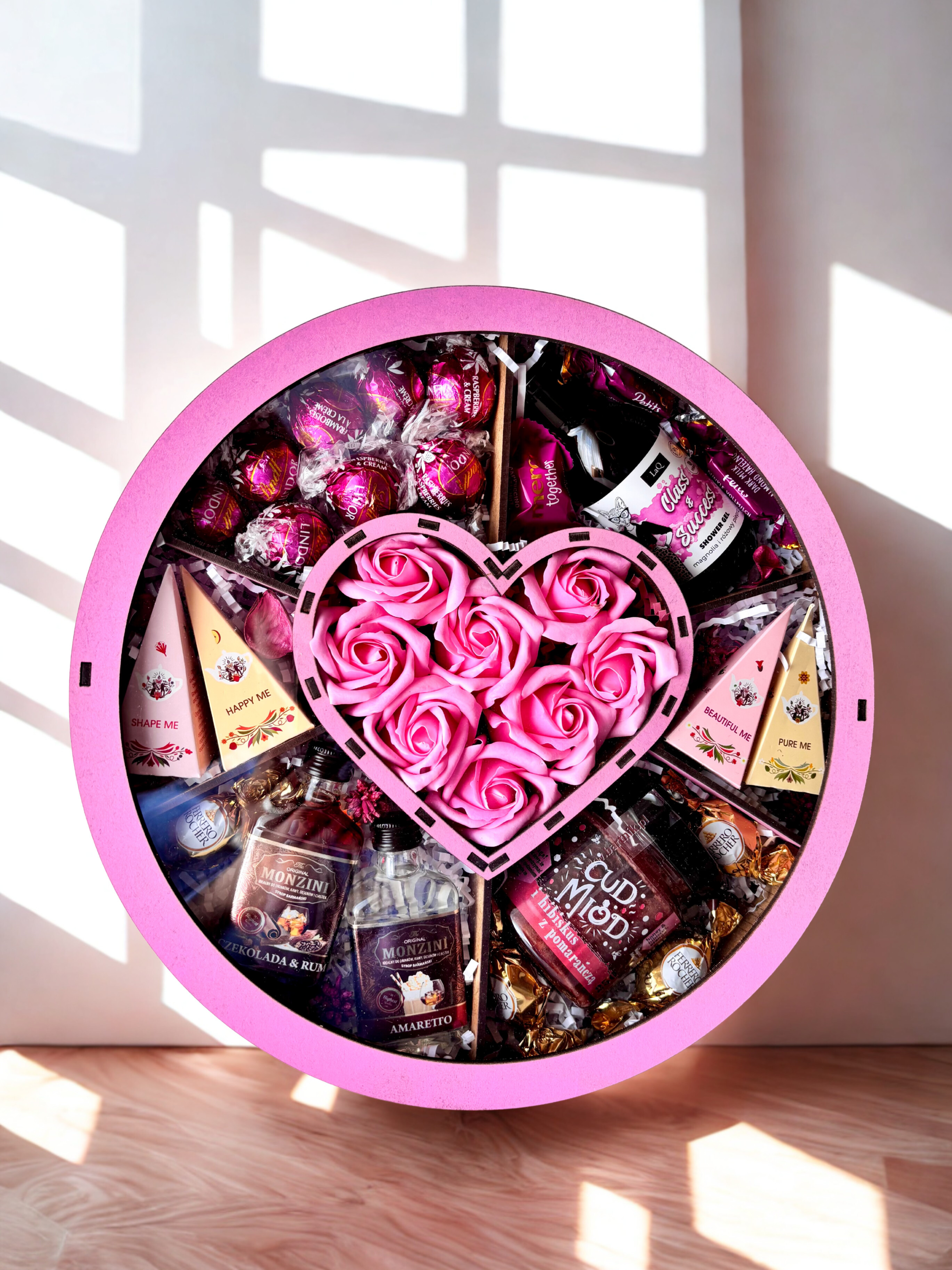 Drewniany okrągły box Pink